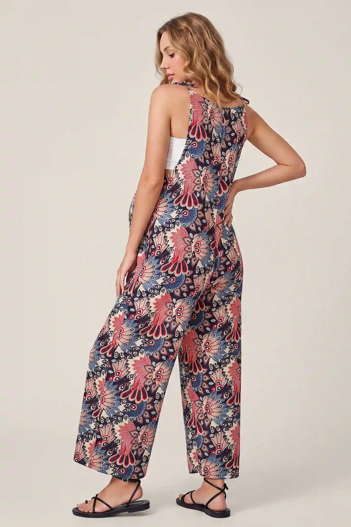 Boho Print Adjustable Strap Pocket Maternity Wide Leg Jumpsuit