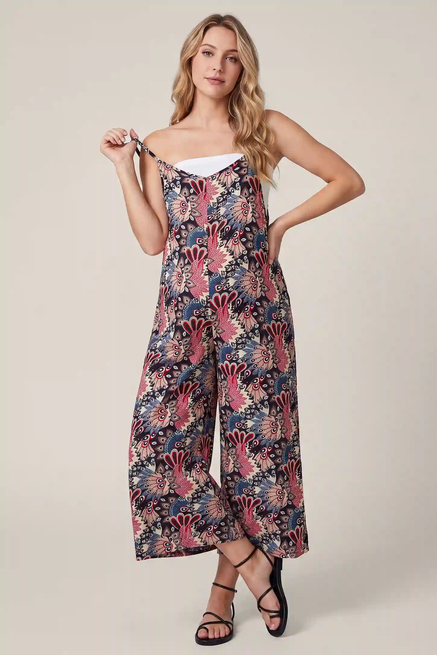 Boho Print Adjustable Strap Pocket Maternity Wide Leg Jumpsuit