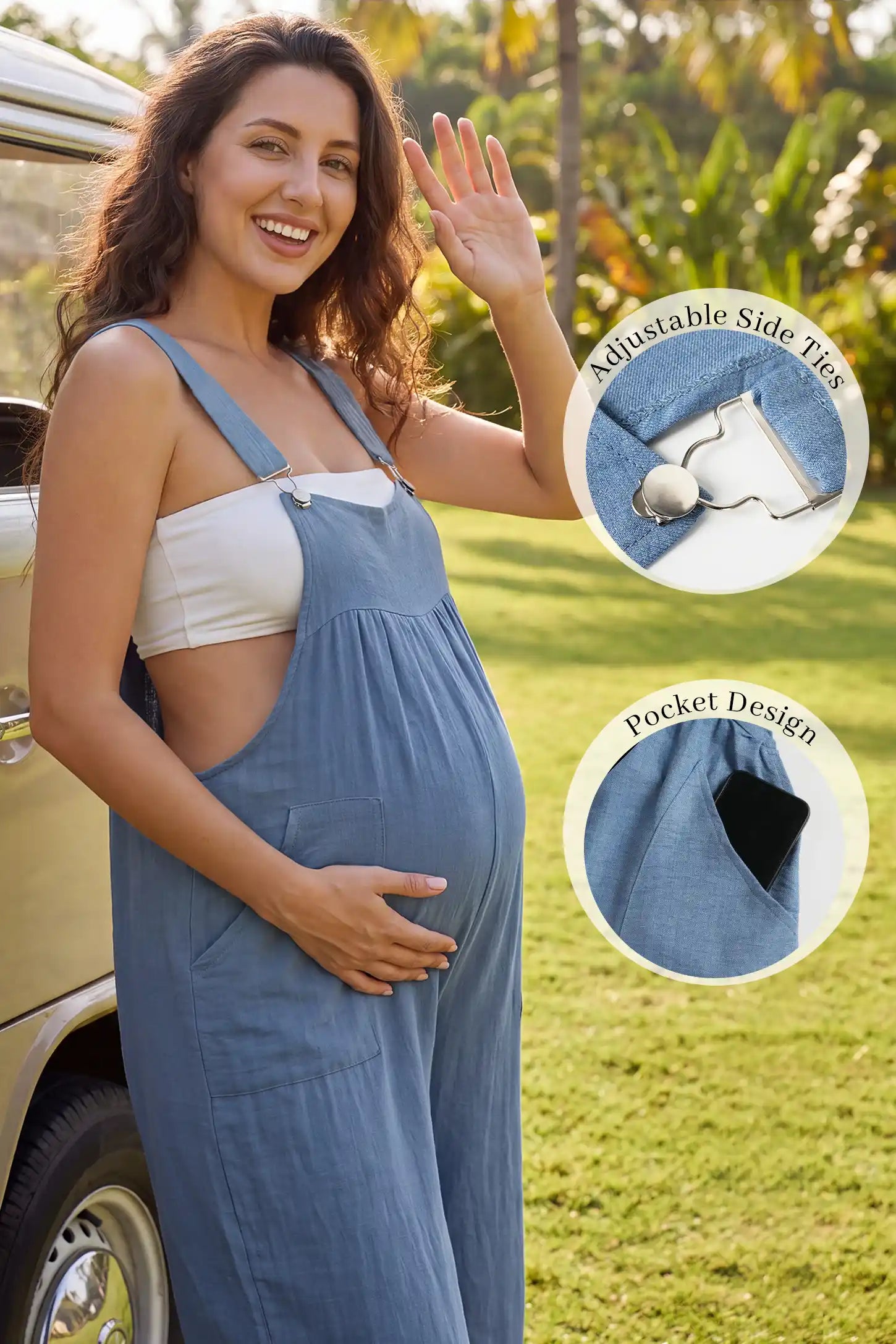 Adjustable Strap Maternity Wide Leg Overalls with Pockets