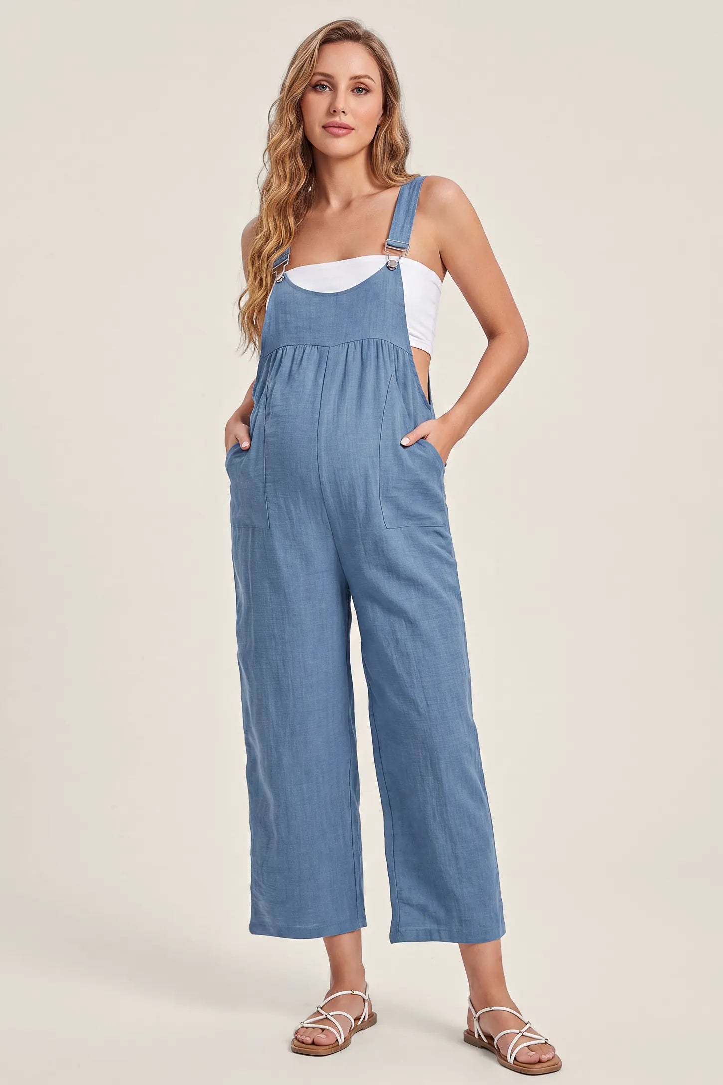 Adjustable Strap Maternity Wide Leg Overalls with Pockets