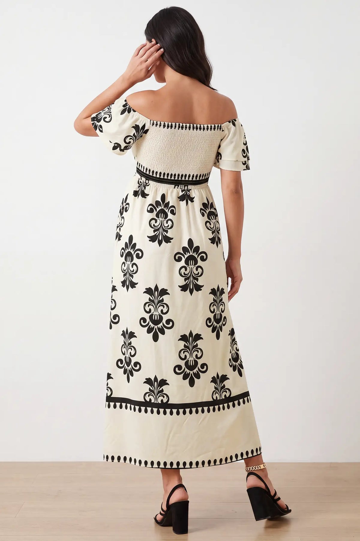 Off-Shoulder Smocked Printed Maternity Maxi Dress