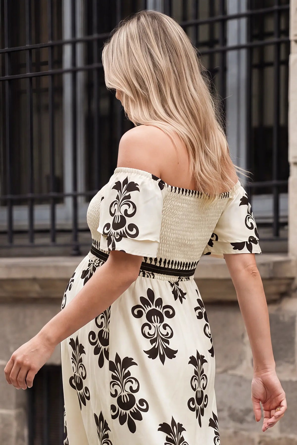 Off-Shoulder Smocked Printed Maternity Maxi Dress