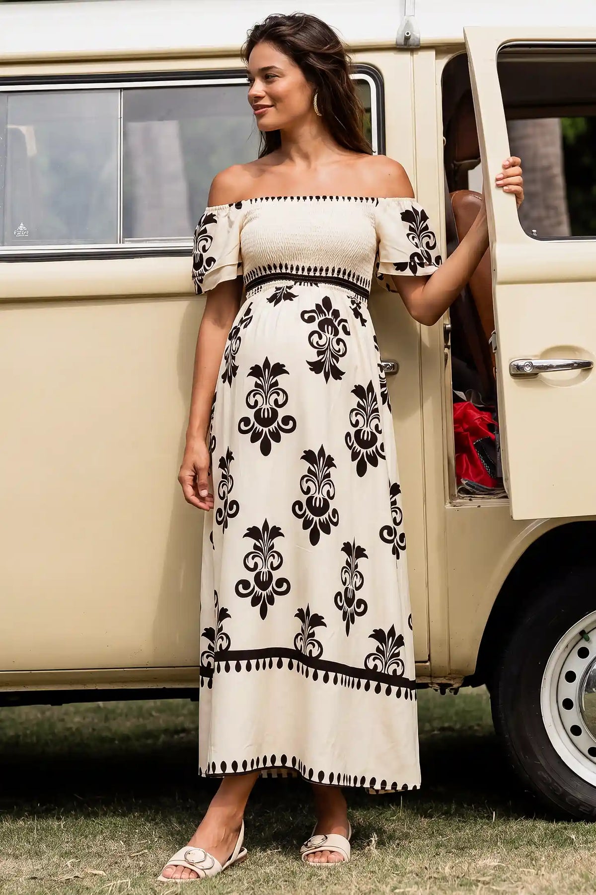 Off-Shoulder Smocked Printed Maternity Maxi Dress