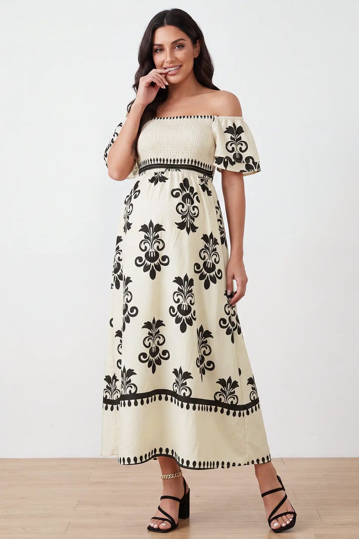 Off-Shoulder Smocked Printed Maternity Maxi Dress