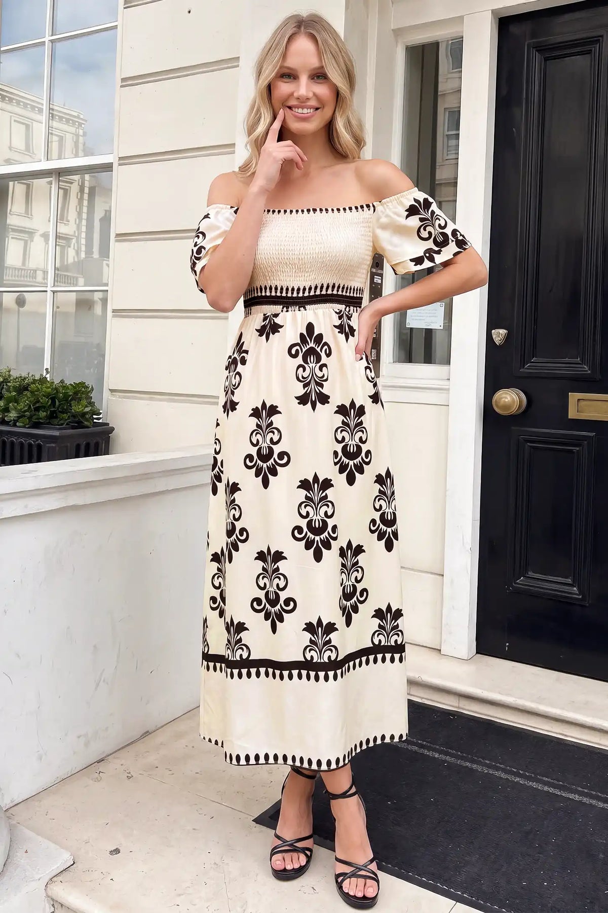 Off-Shoulder Smocked Printed Maternity Maxi Dress