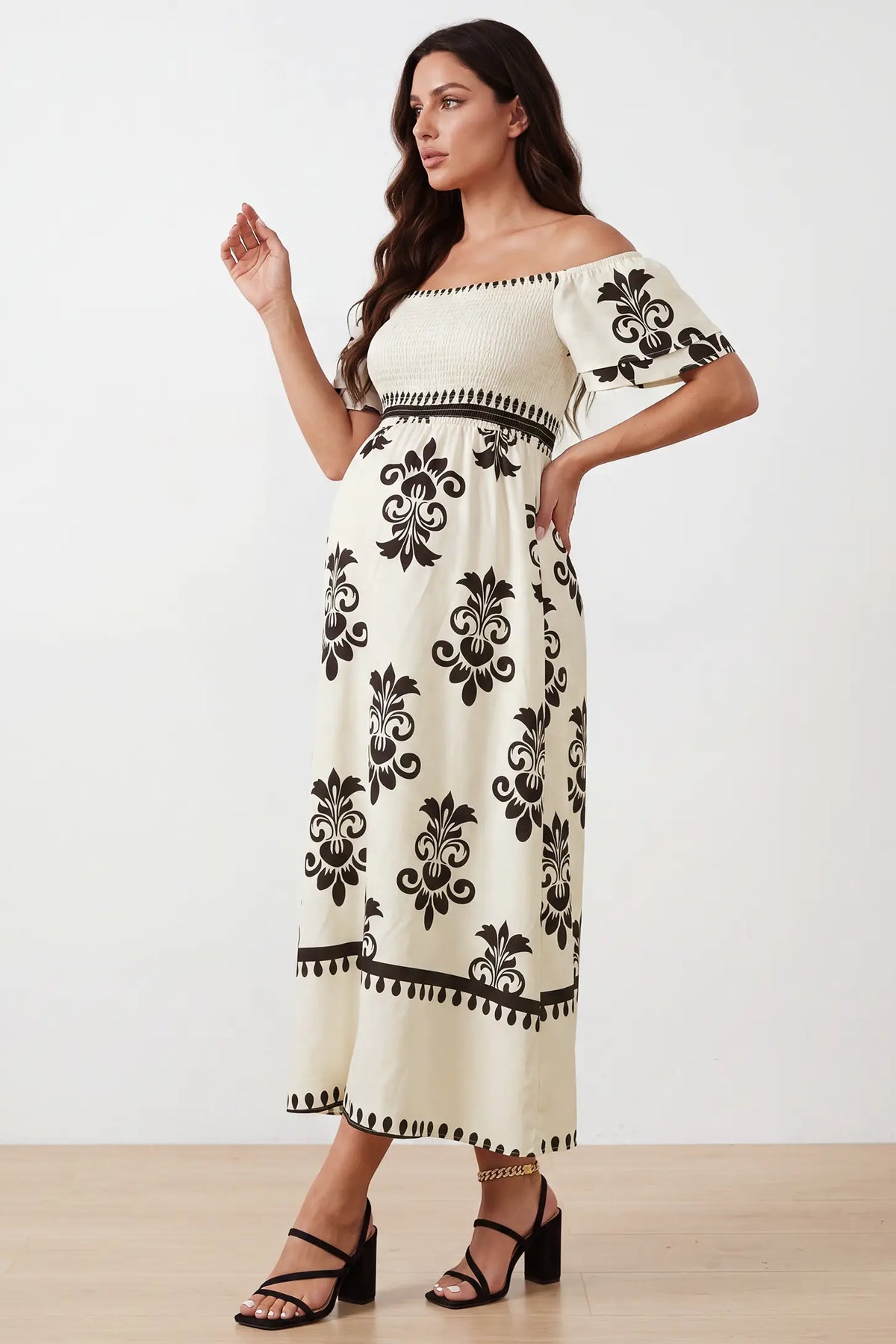 Off-Shoulder Smocked Printed Maternity Maxi Dress