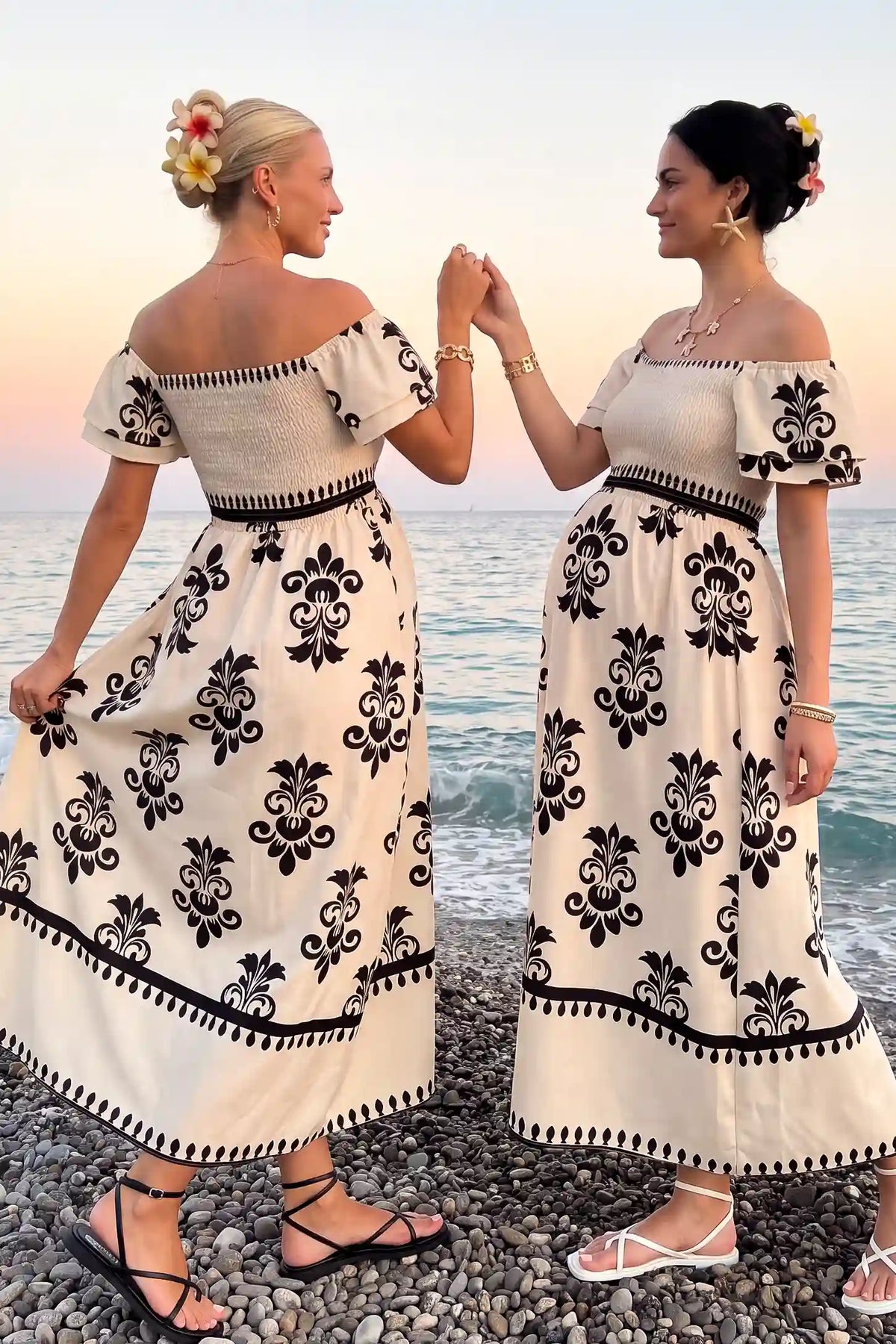 Off-Shoulder Smocked Printed Maternity Maxi Dress
