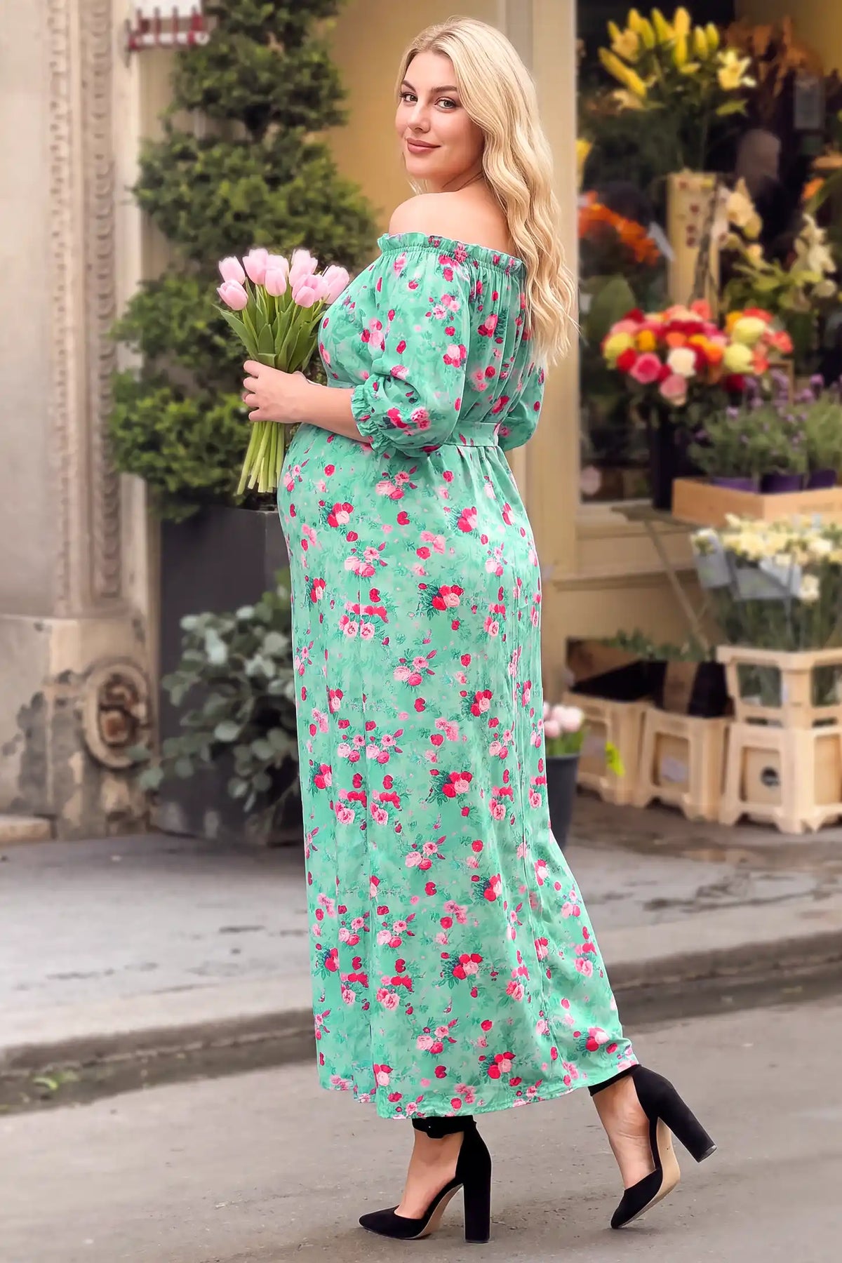 Off Shoulder Flounce Sleeve Floral Maternity Maxi Dress
