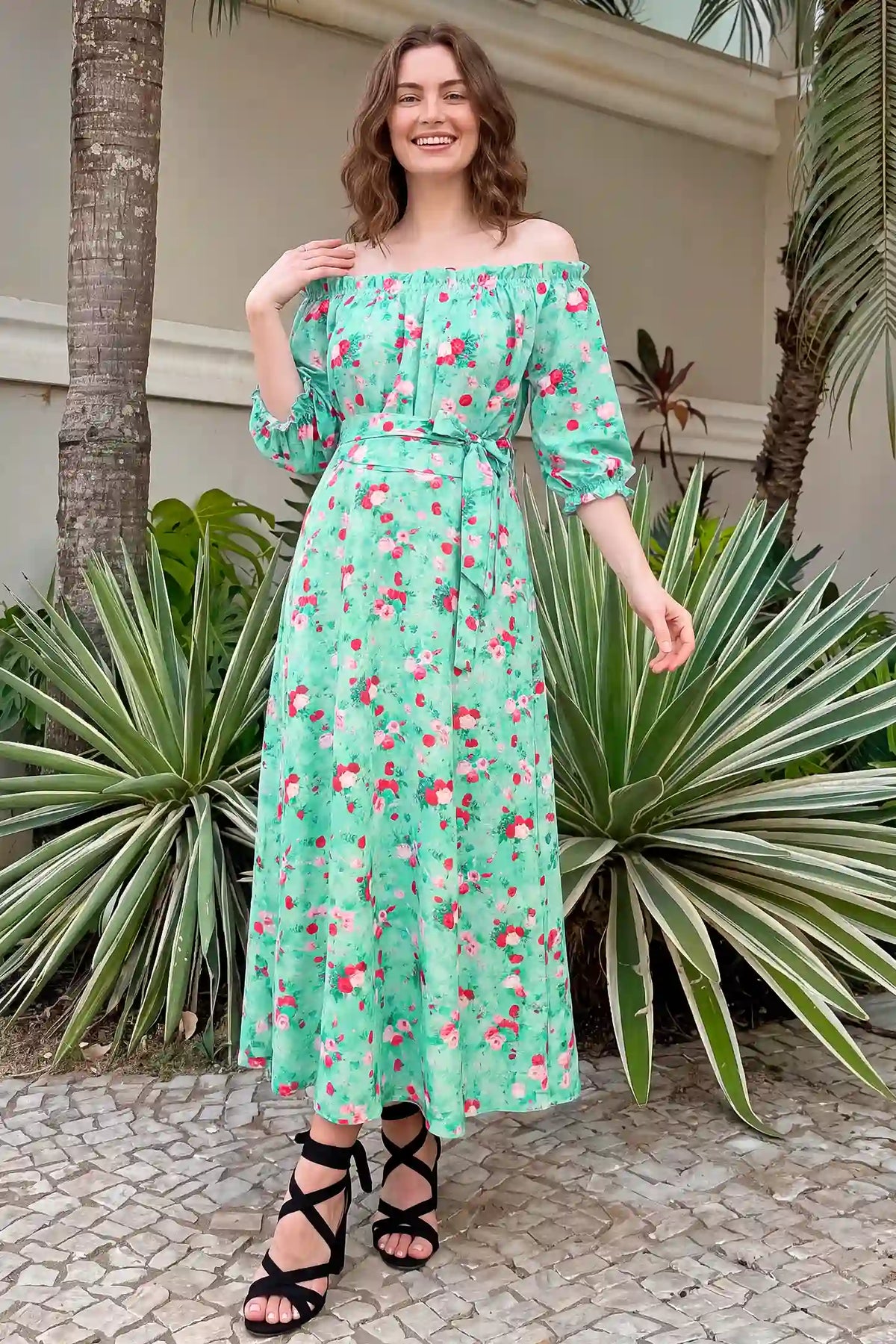Off Shoulder Flounce Sleeve Floral Maternity Maxi Dress