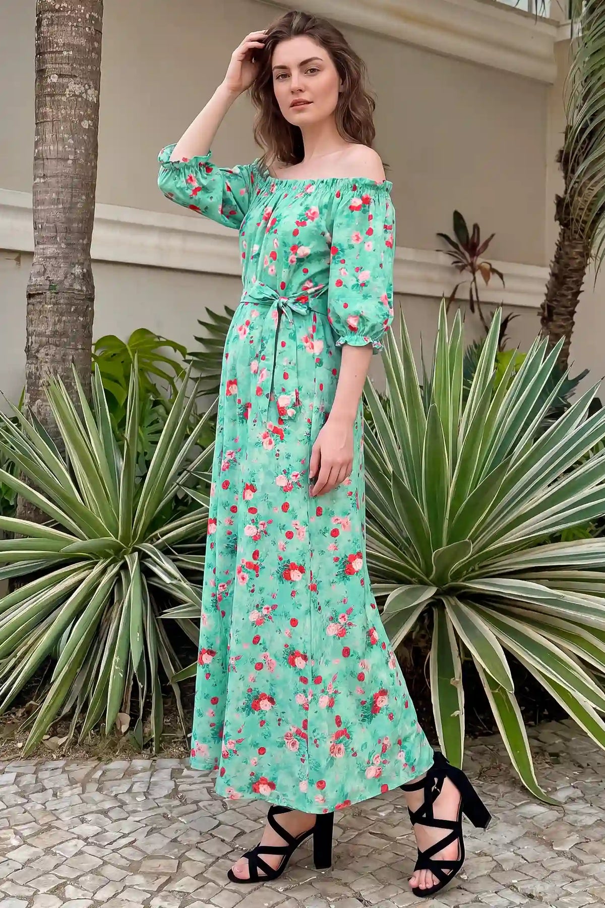 Off Shoulder Flounce Sleeve Floral Maternity Maxi Dress