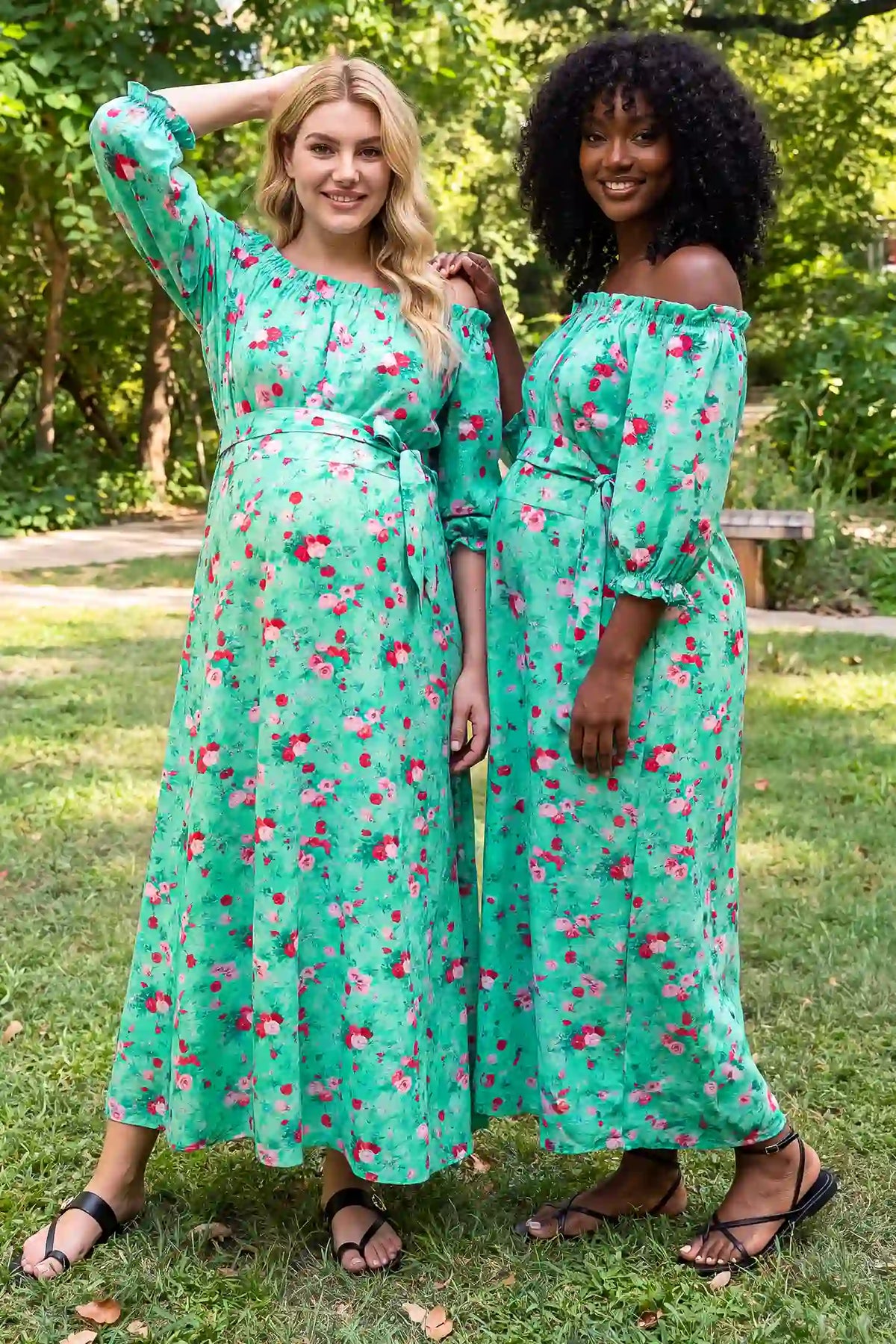 Off Shoulder Flounce Sleeve Floral Maternity Maxi Dress
