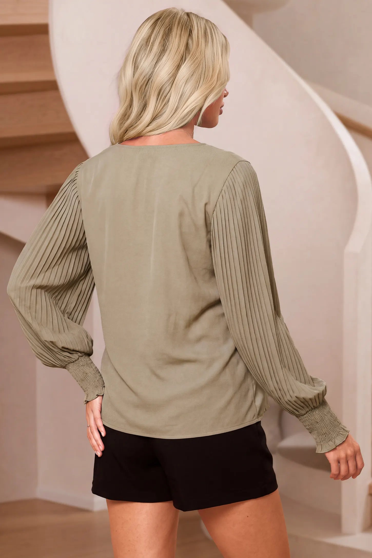 Pleated Sleeve V-Neck Maternity Blouse