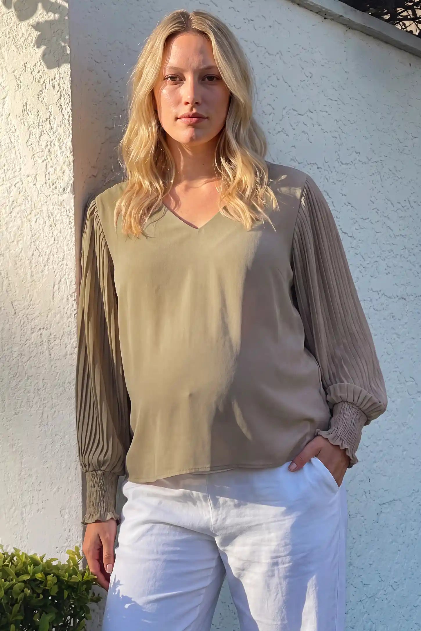 Pleated Sleeve V-Neck Maternity Blouse