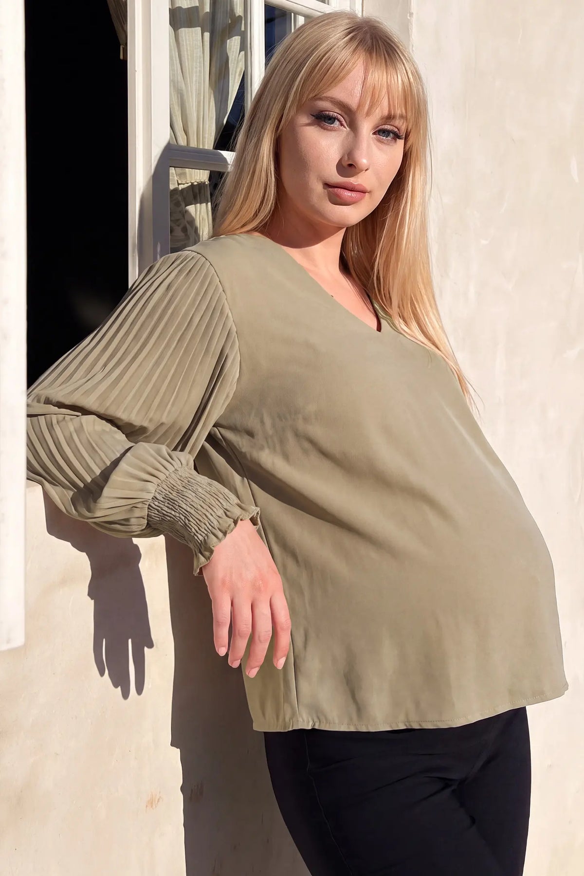 Pleated Sleeve V-Neck Maternity Blouse