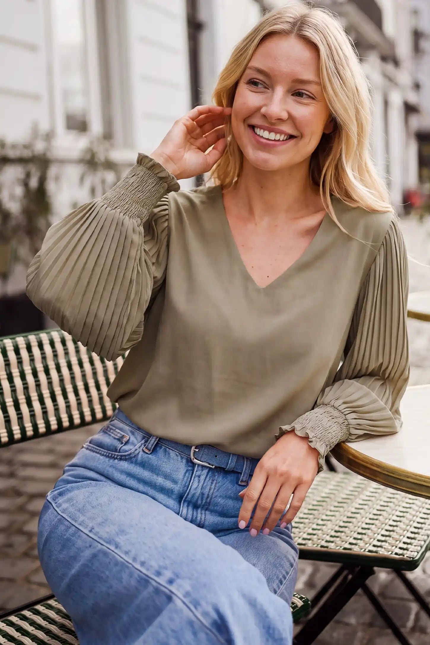 Pleated Sleeve V-Neck Maternity Blouse