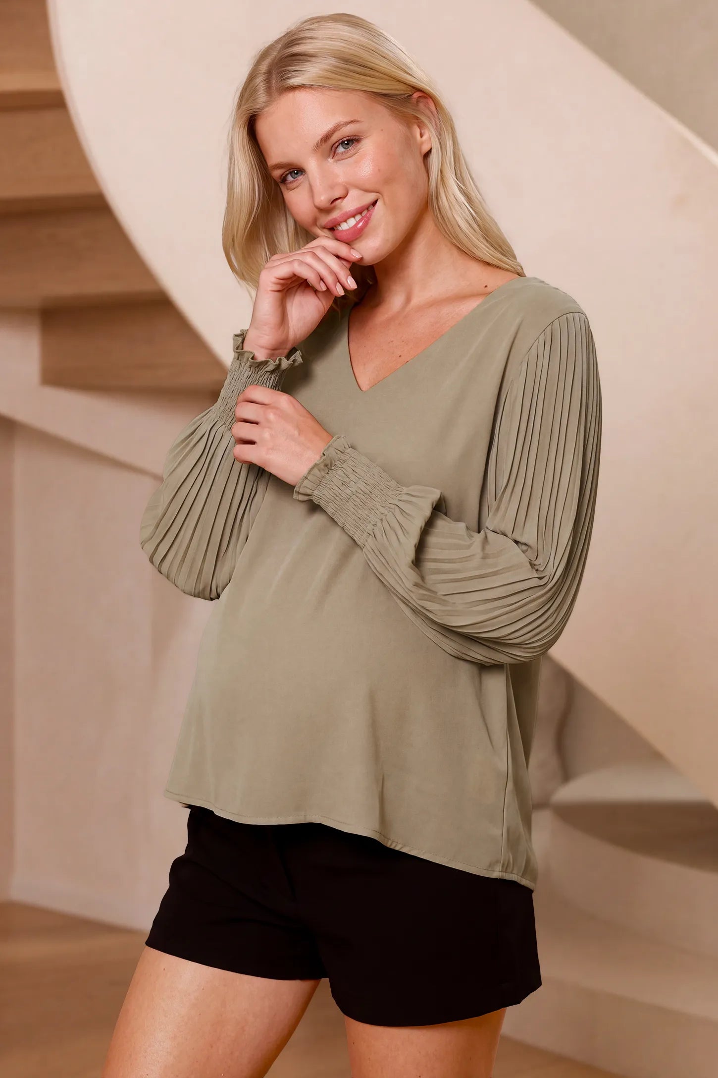 Pleated Sleeve V-Neck Maternity Blouse
