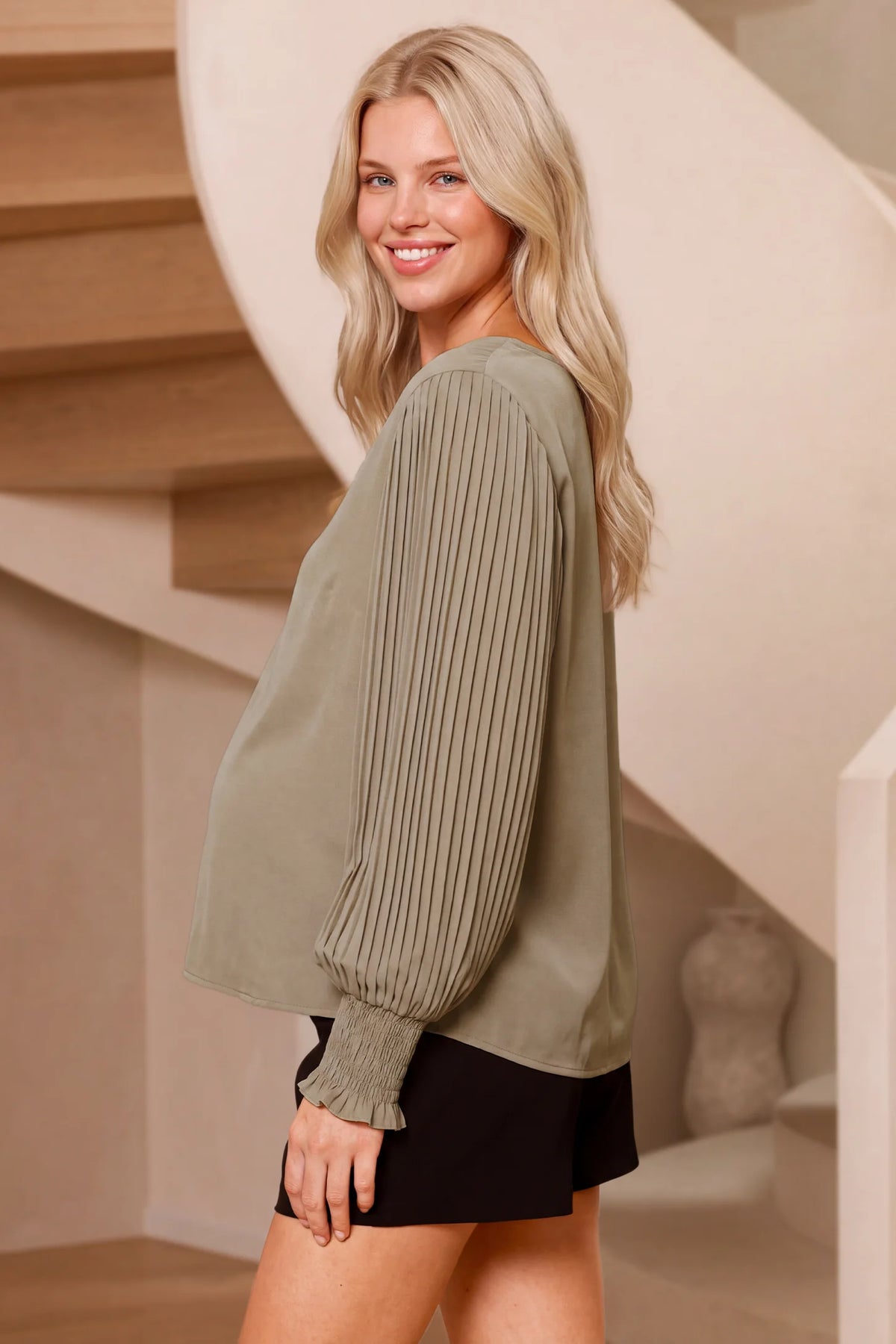 Pleated Sleeve V-Neck Maternity Blouse