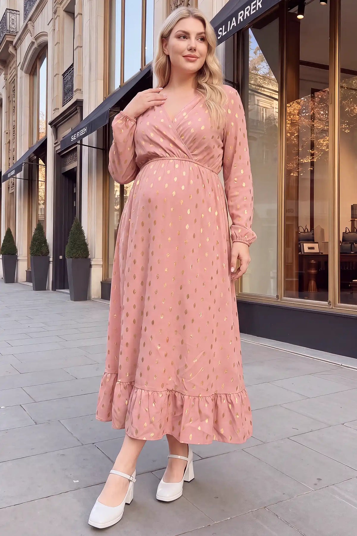 V Neck Long Sleeve Polka Dot Maternity Maxi Dress