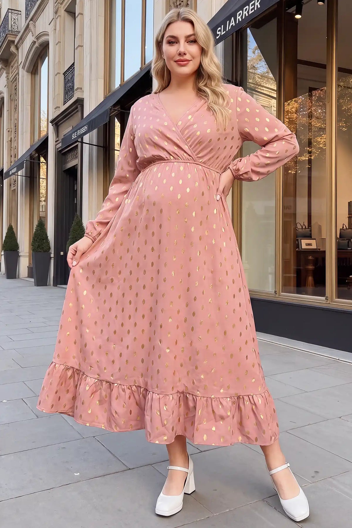 V Neck Long Sleeve Polka Dot Maternity Maxi Dress
