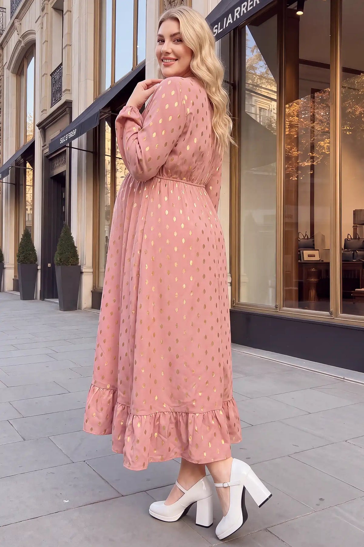 V Neck Long Sleeve Polka Dot Maternity Maxi Dress