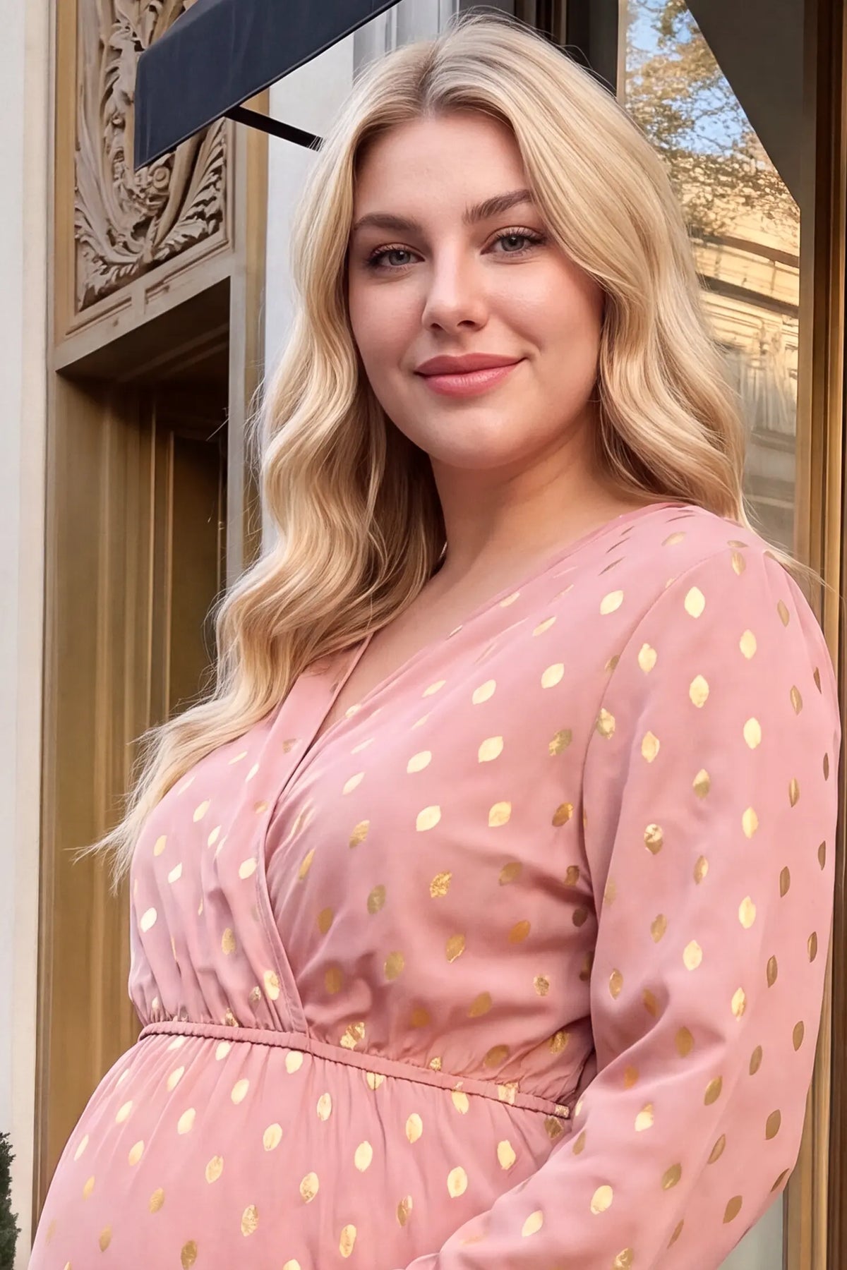 V Neck Long Sleeve Polka Dot Maternity Maxi Dress