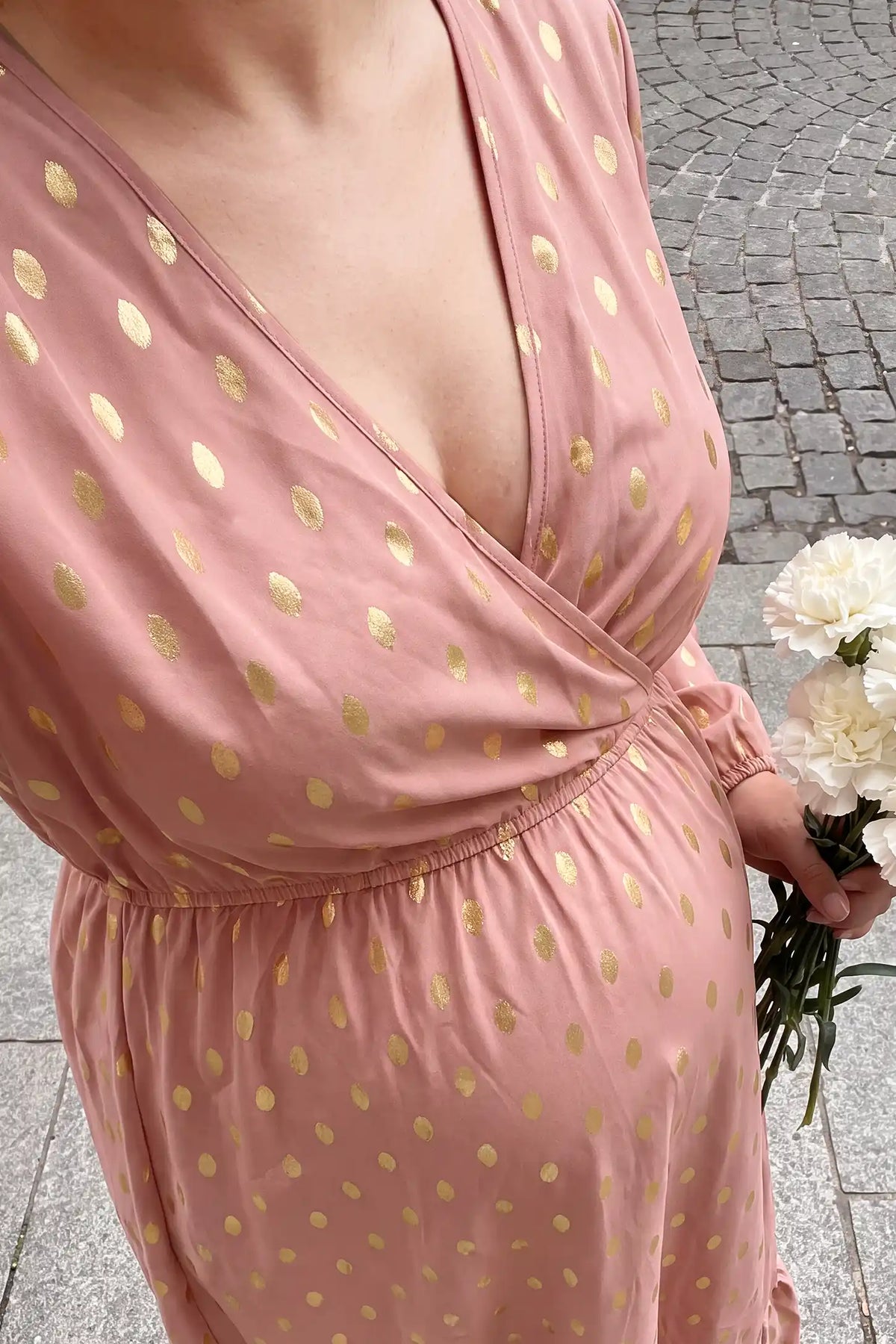 V Neck Long Sleeve Polka Dot Maternity Maxi Dress