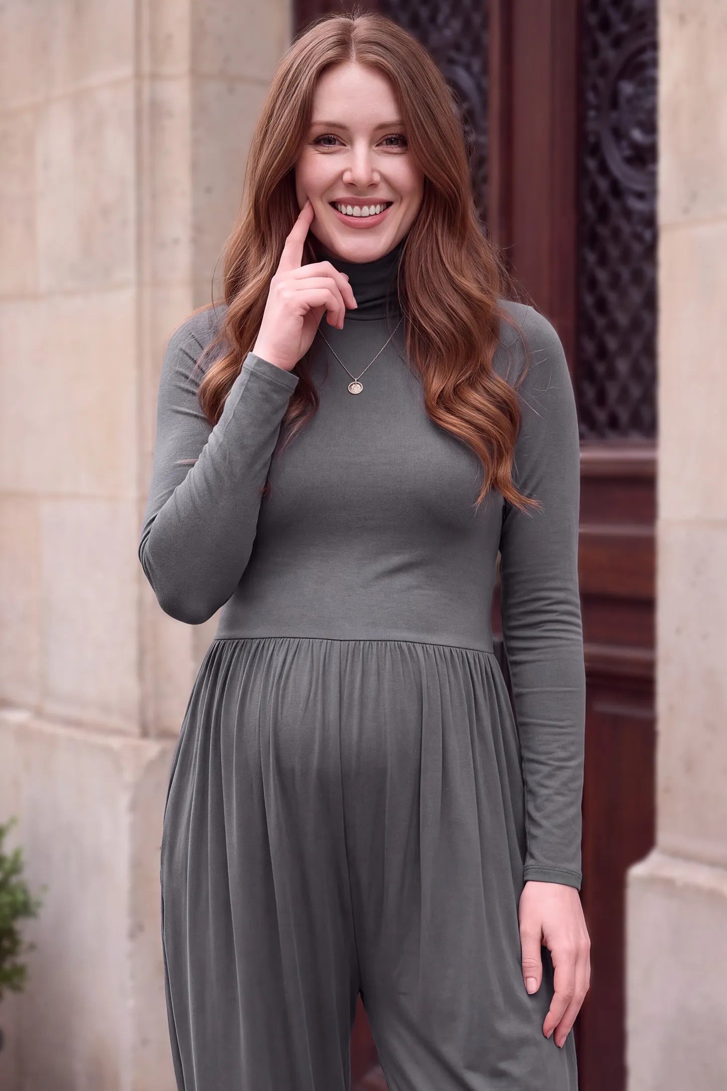 Long-Sleeve Turtleneck Maternity Jumpsuit