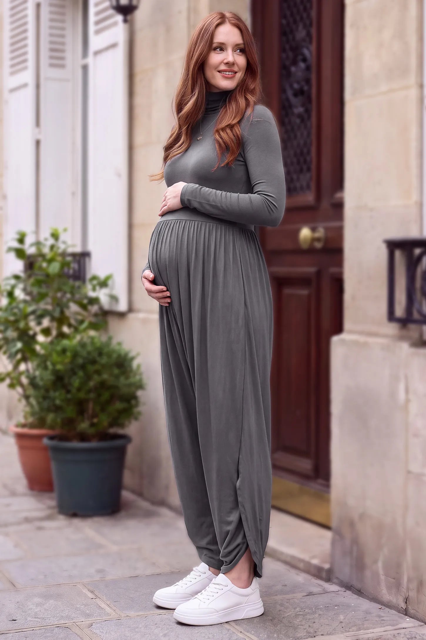 Long-Sleeve Turtleneck Maternity Jumpsuit