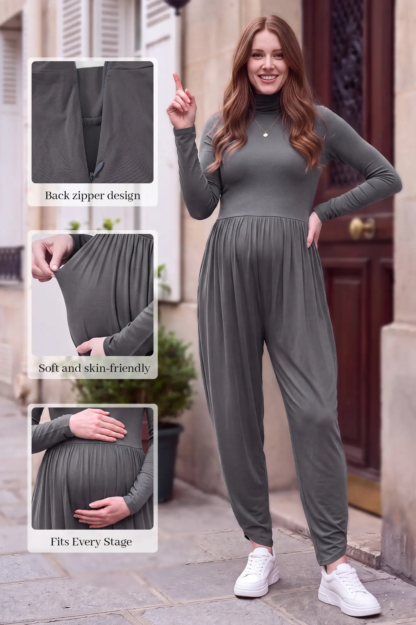 Long-Sleeve Turtleneck Maternity Jumpsuit