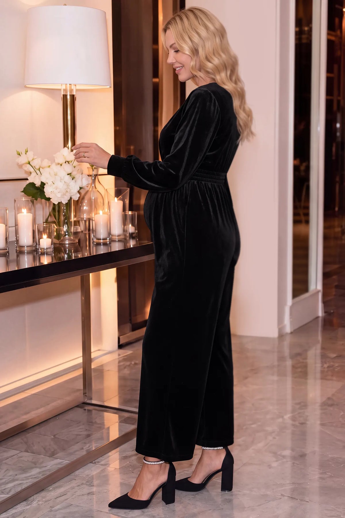 Long Sleeve Velvet Maternity Wrap Jumpsuit