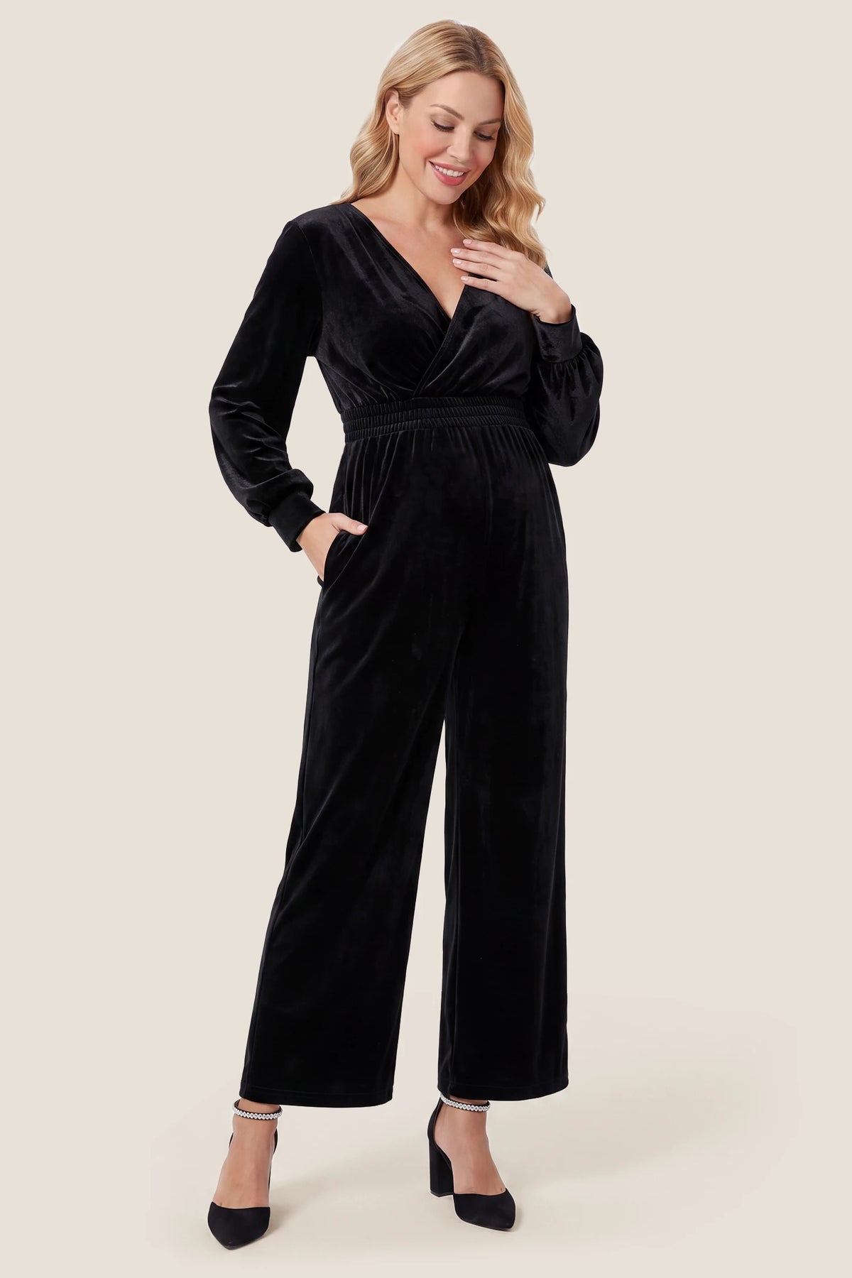 Long Sleeve Velvet Maternity Wrap Jumpsuit