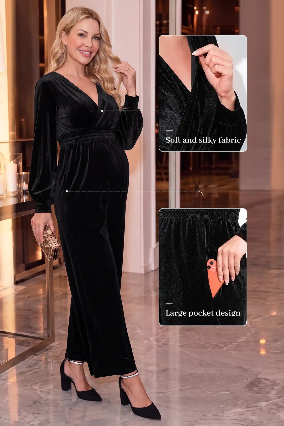 Long Sleeve Velvet Maternity Wrap Jumpsuit