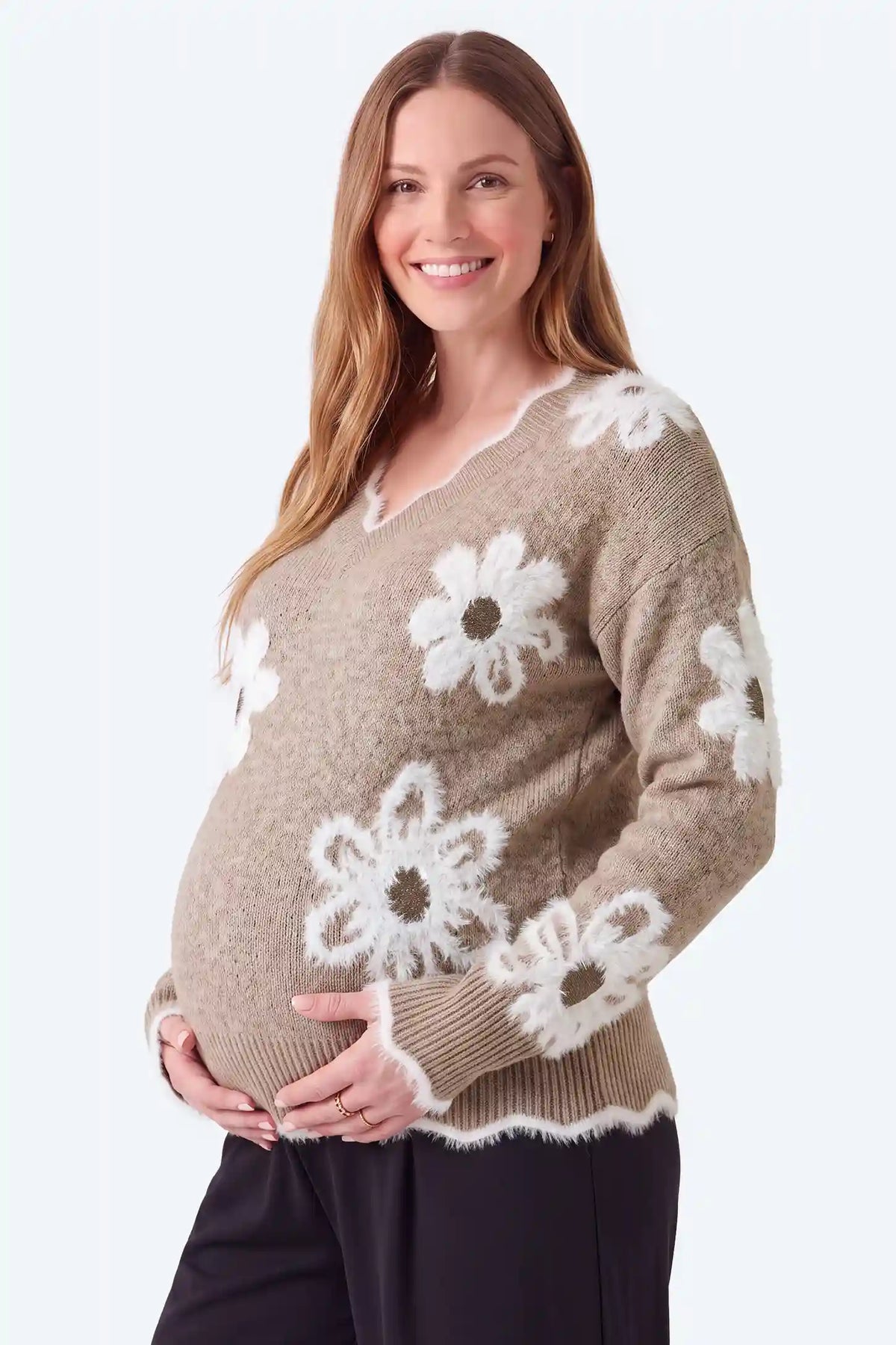 Maternity V-Neck Statement Flower Knit Sweater
