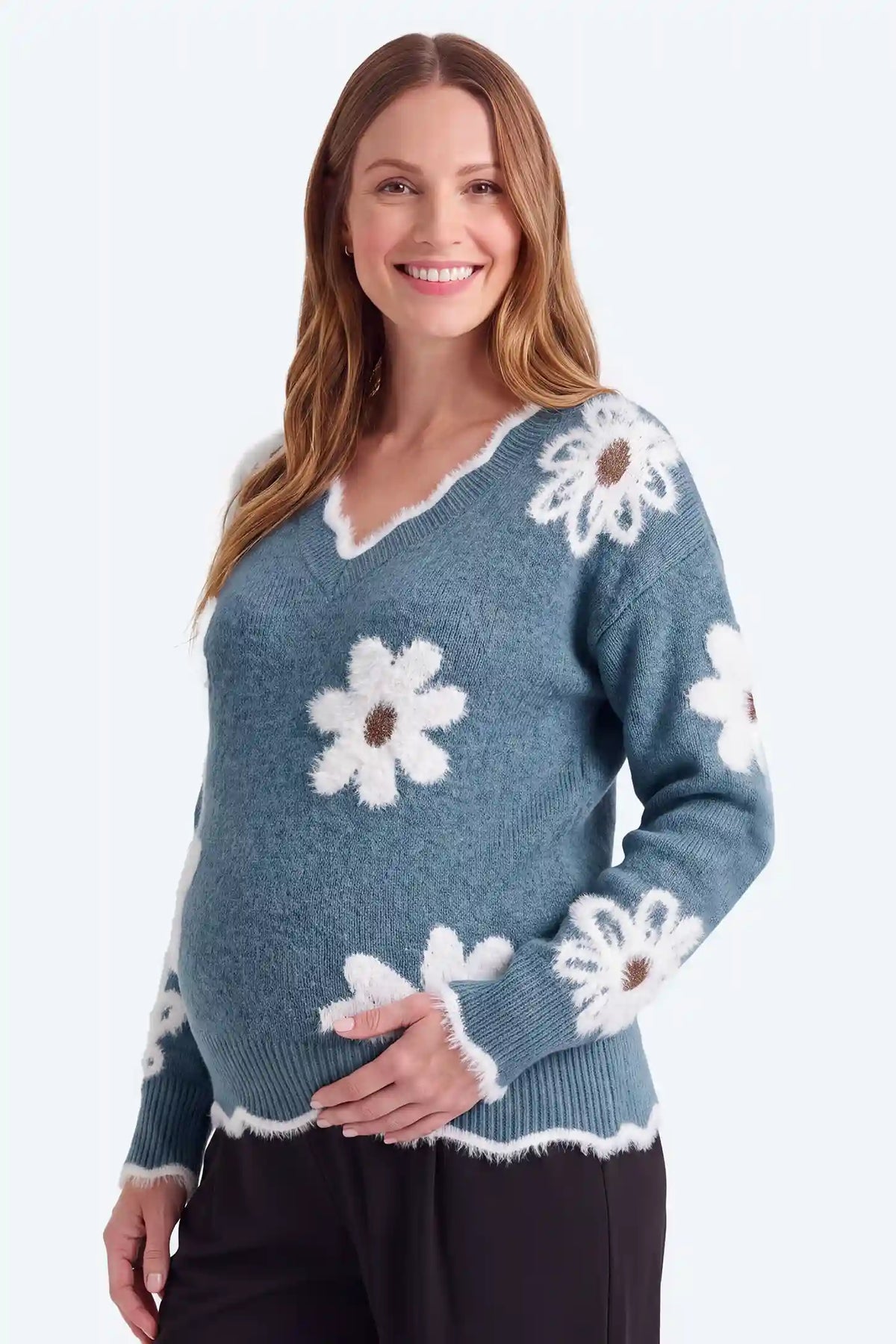 Maternity V-Neck Statement Flower Knit Sweater