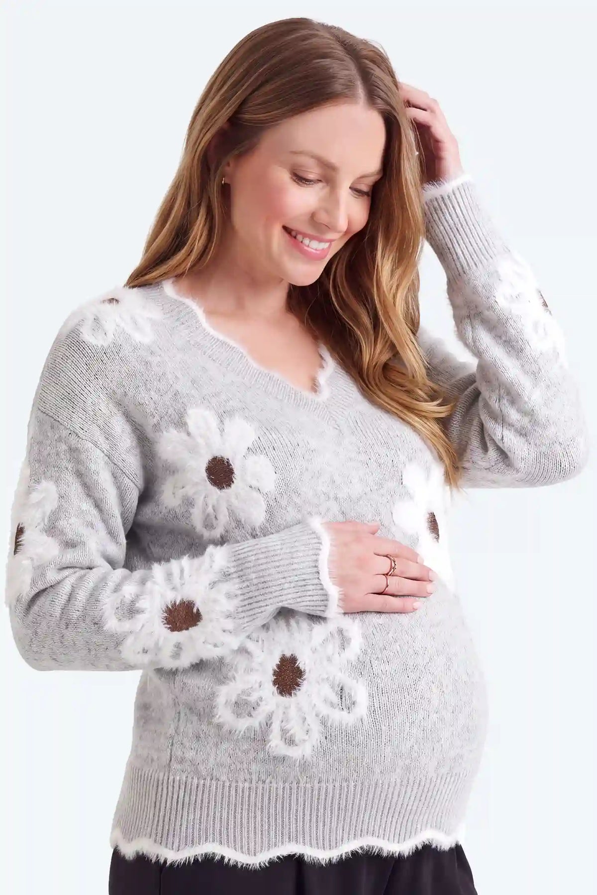 Maternity V-Neck Statement Flower Knit Sweater