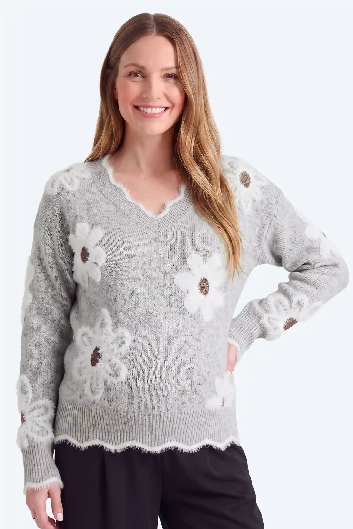Maternity V-Neck Statement Flower Knit Sweater