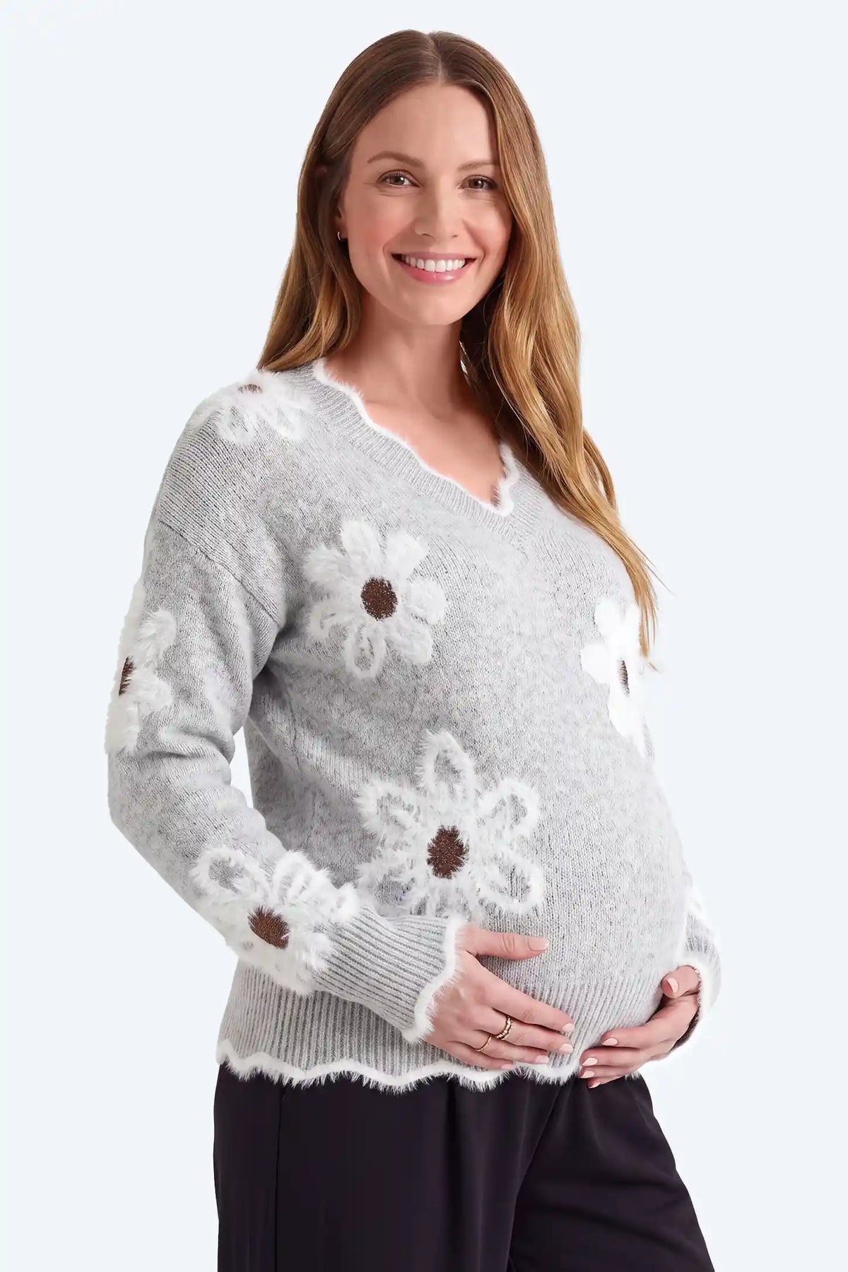 Maternity V-Neck Statement Flower Knit Sweater