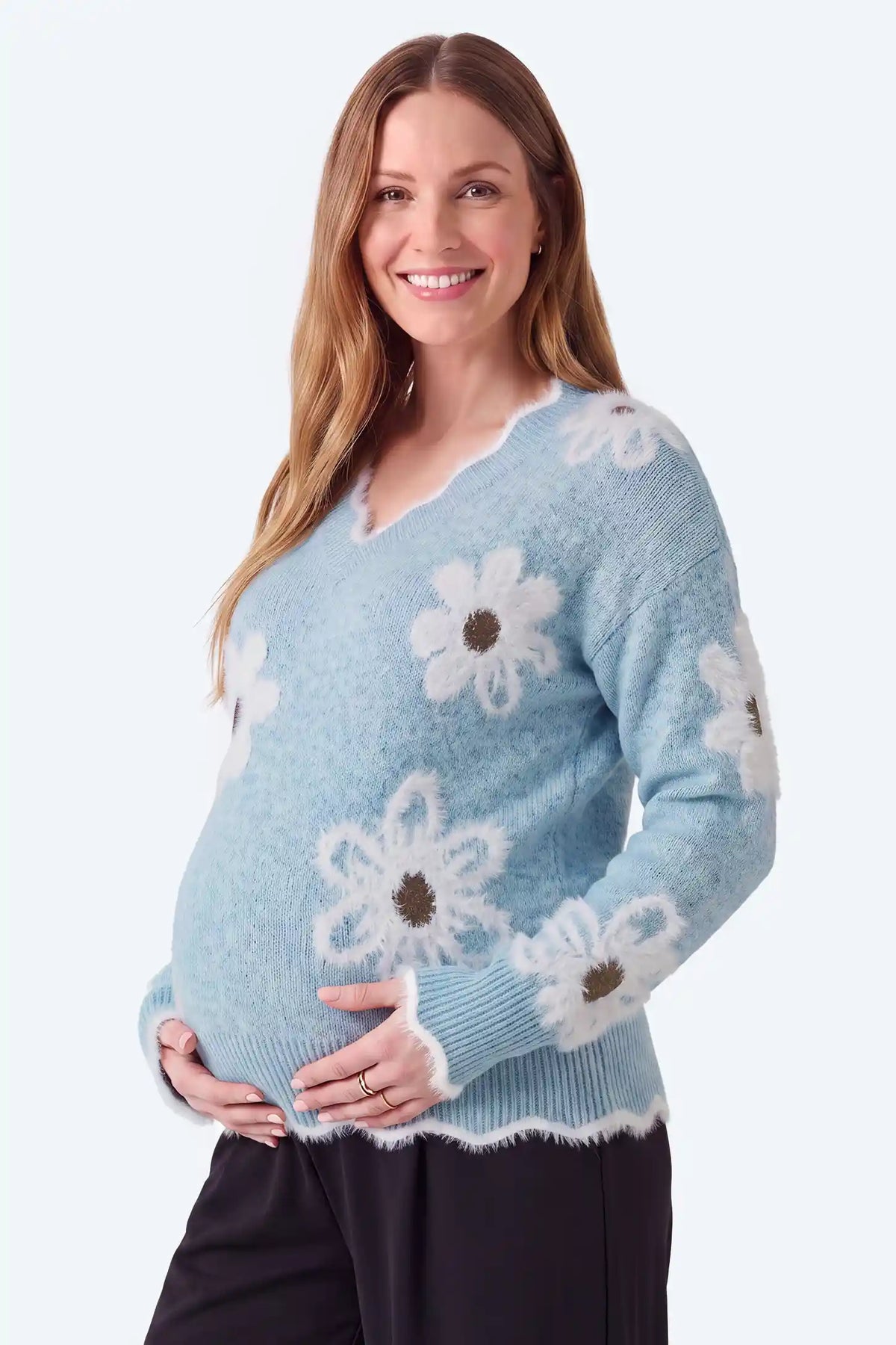 Maternity V-Neck Statement Flower Knit Sweater