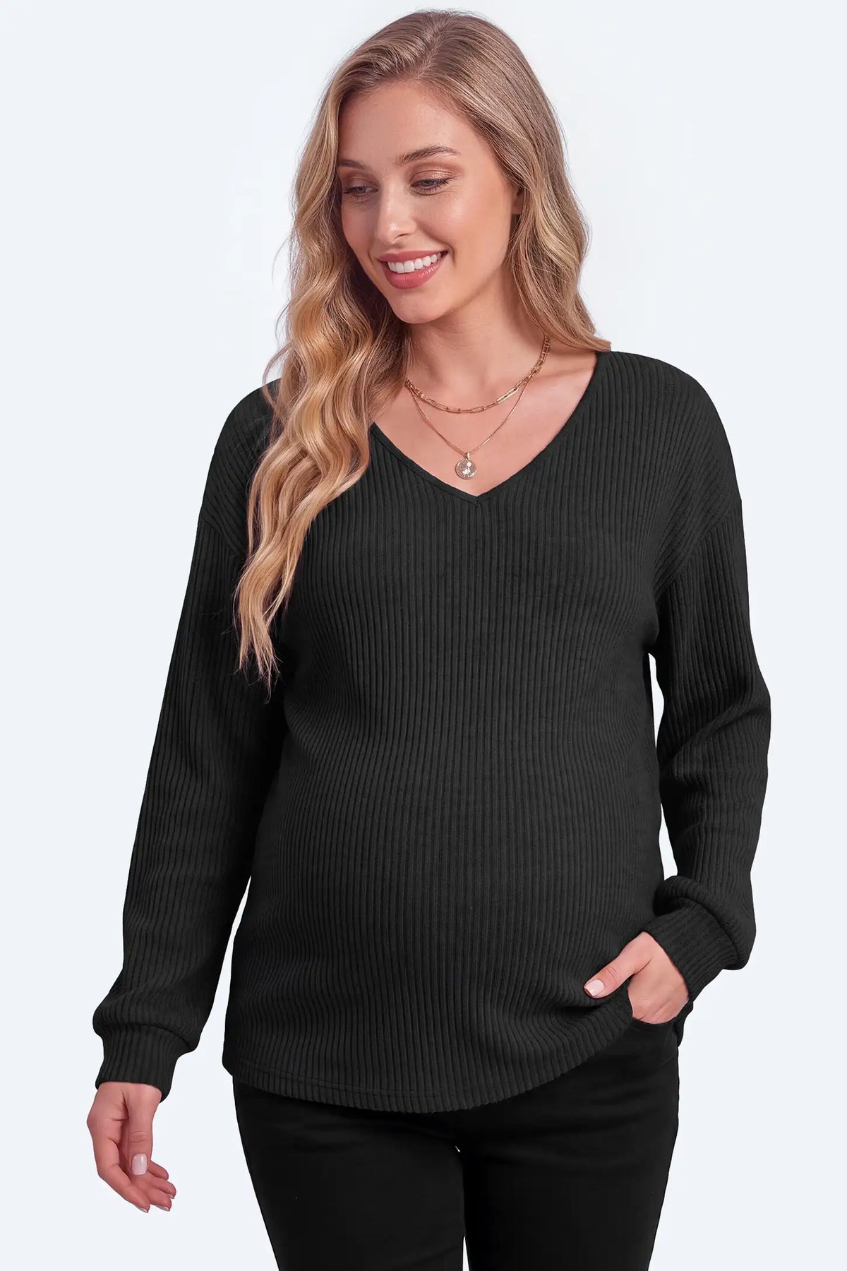 Maternity Ribbed V-Neck Long-Sleeve Top