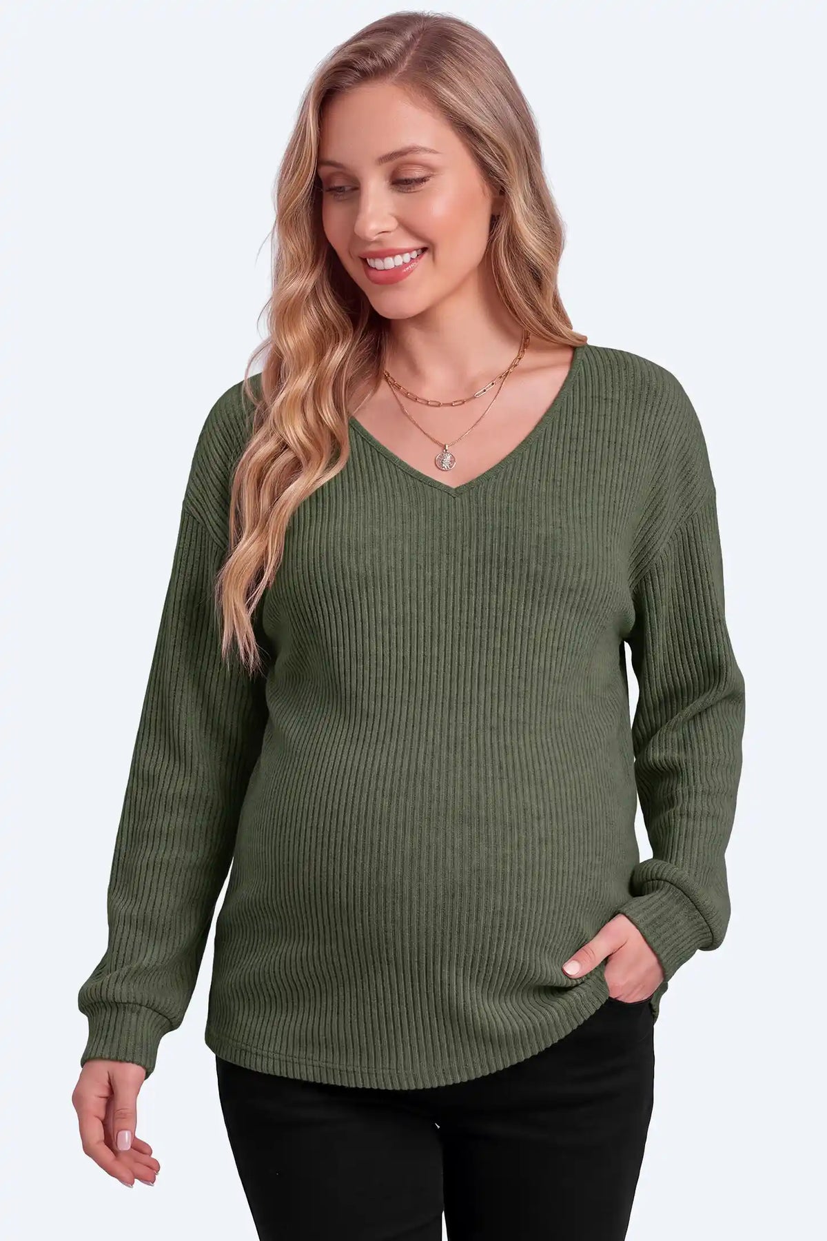 Maternity Ribbed V-Neck Long-Sleeve Top