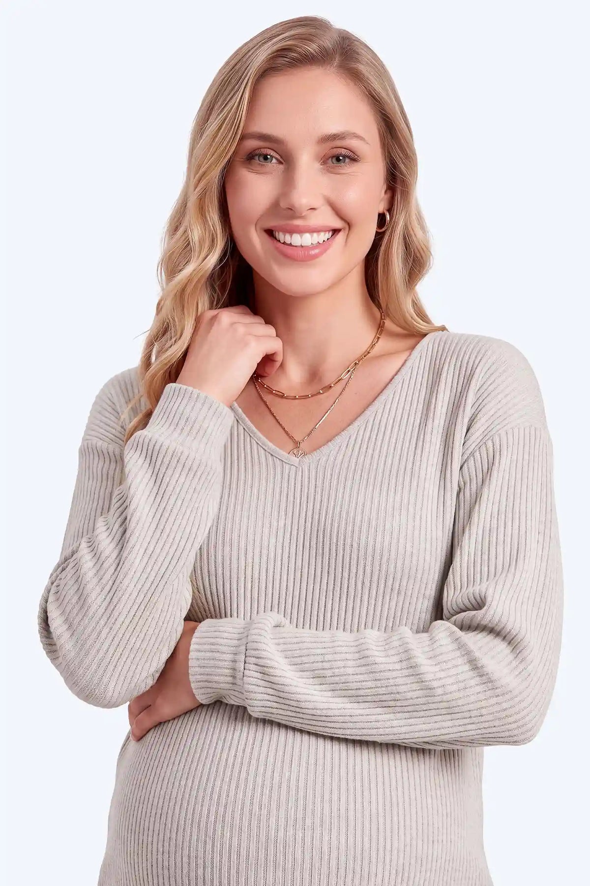 Maternity Ribbed V-Neck Long-Sleeve Top