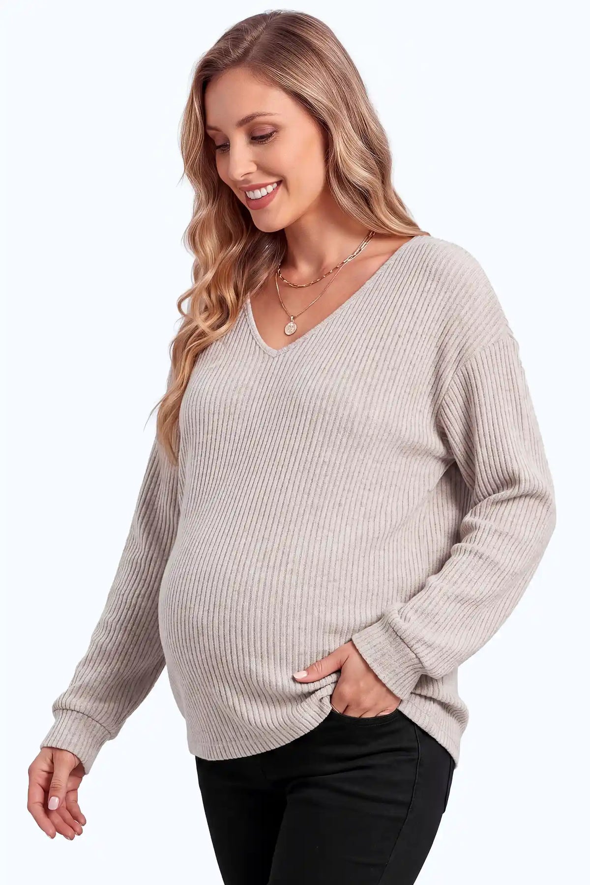Maternity Ribbed V-Neck Long-Sleeve Top