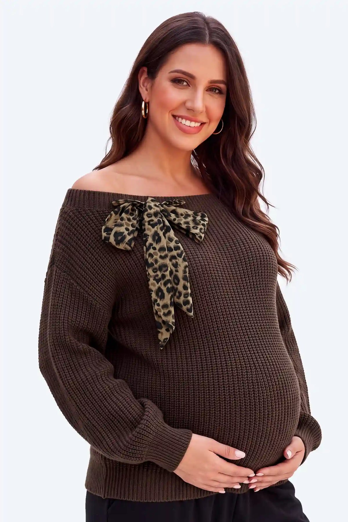 Maternity Off-the-Shoulder Leopard Bow Knit Sweater