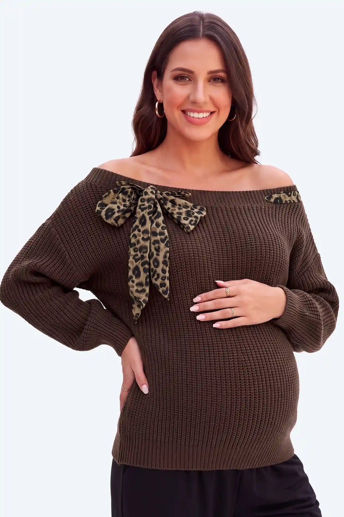 Maternity Off-the-Shoulder Leopard Bow Knit Sweater