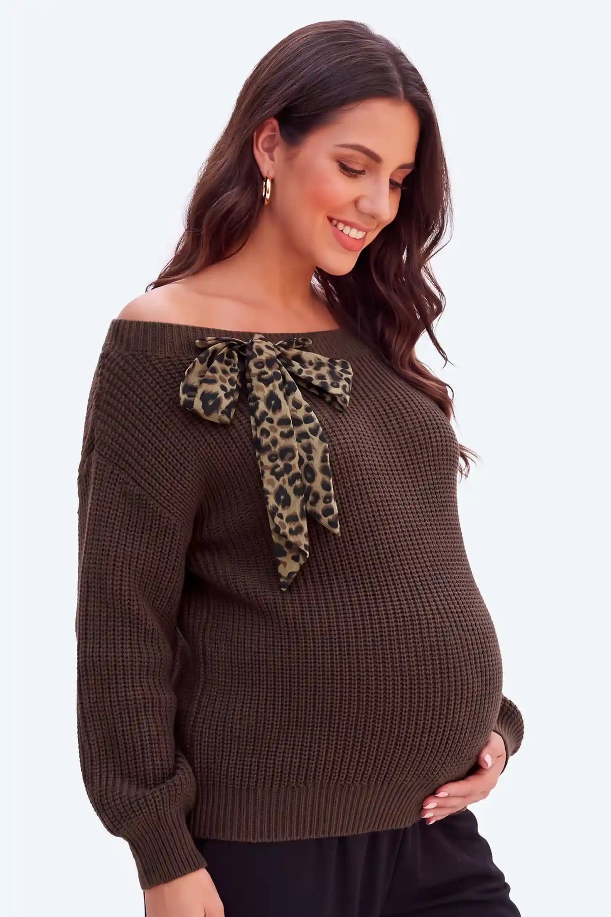 Maternity Off-the-Shoulder Leopard Bow Knit Sweater