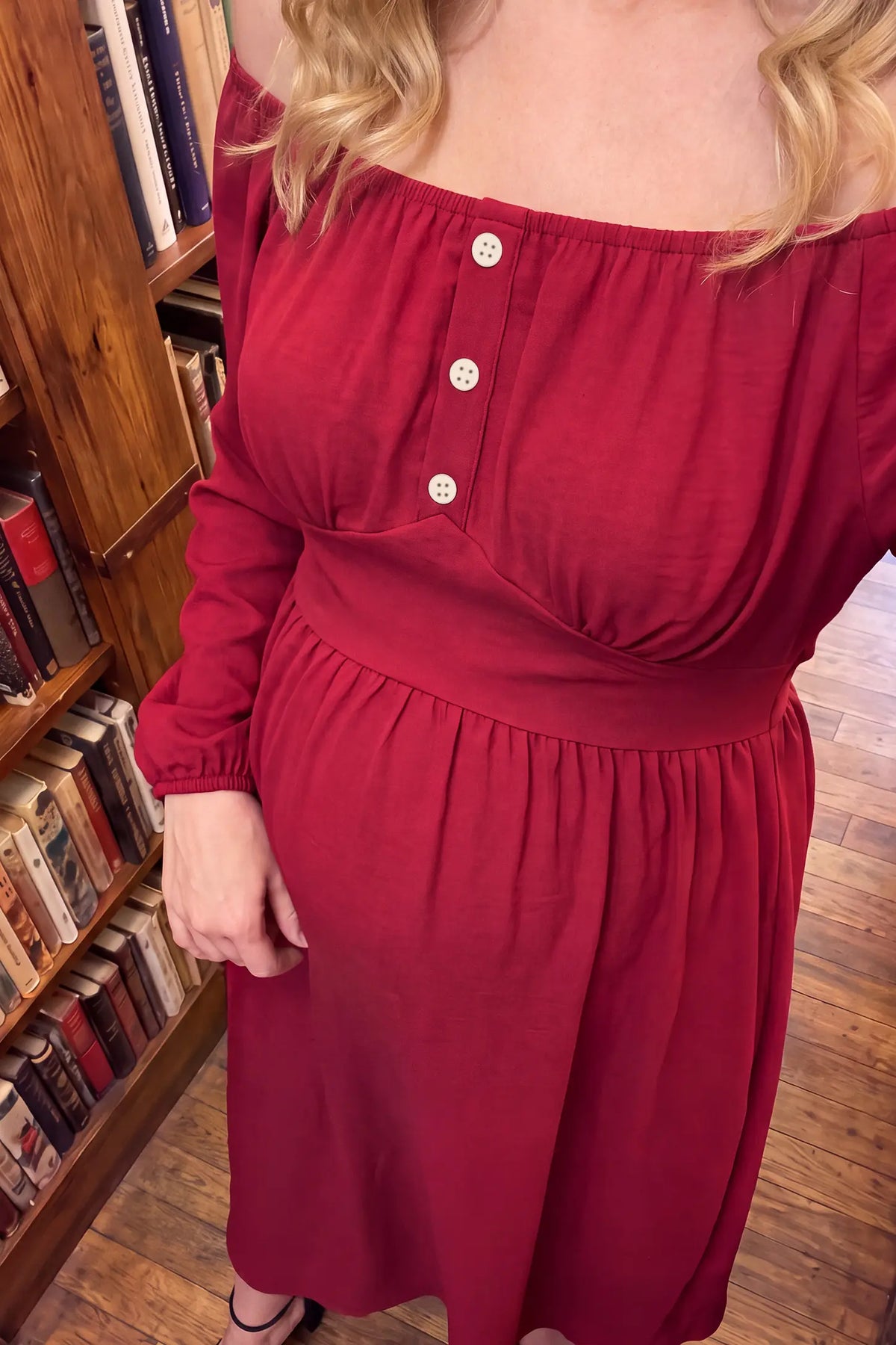 Off Shoulder Lantern Sleeve Smocked Maternity Maxi Dress