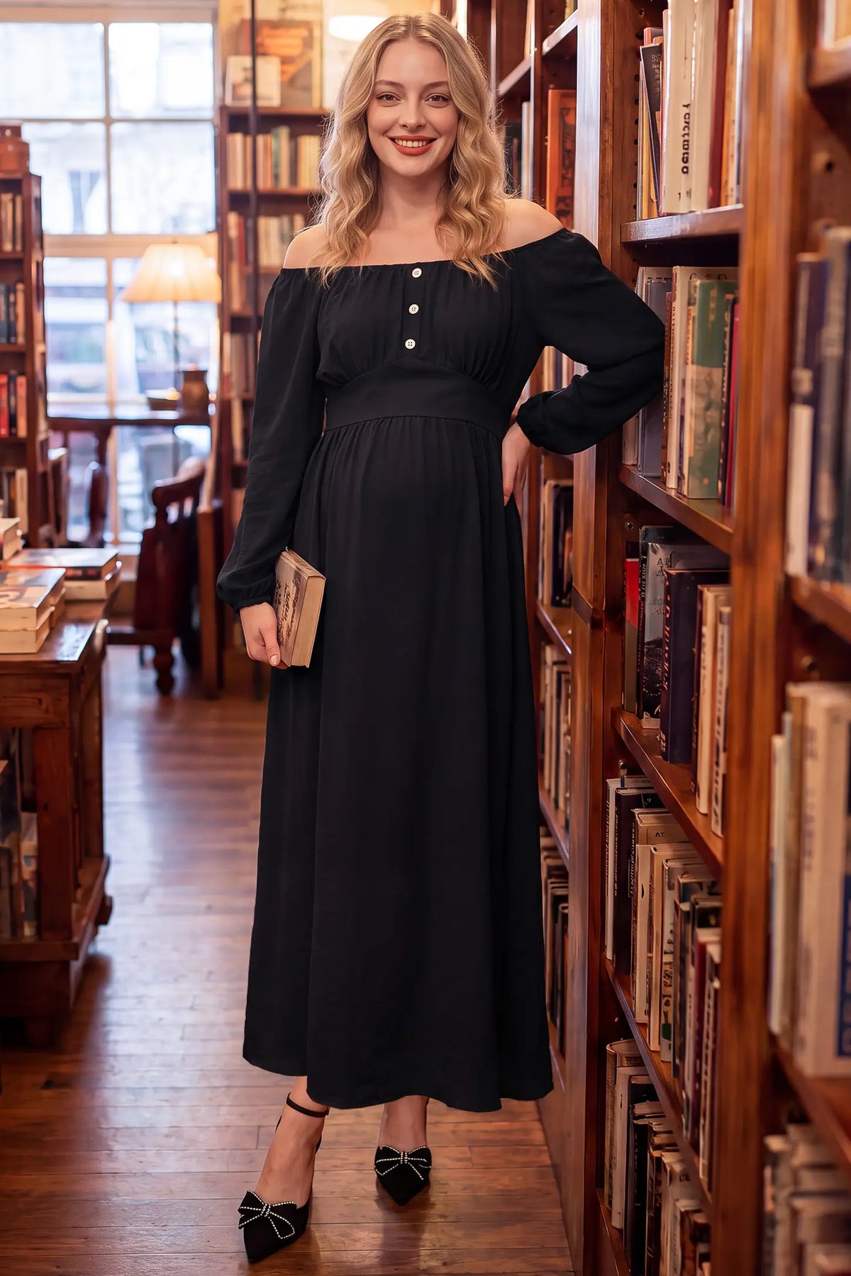 Off Shoulder Lantern Sleeve Smocked Maternity Maxi Dress