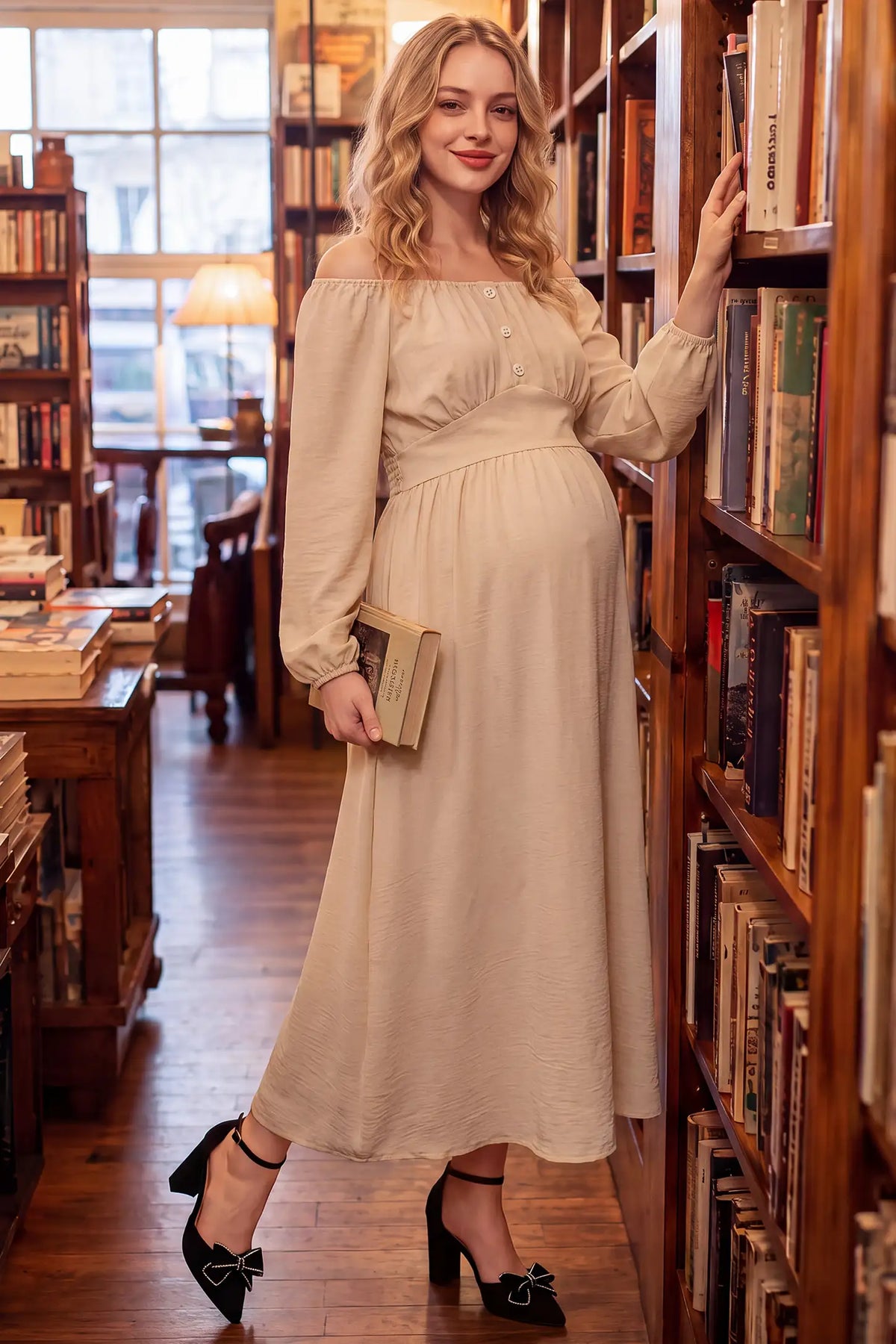 Off Shoulder Lantern Sleeve Smocked Maternity Maxi Dress
