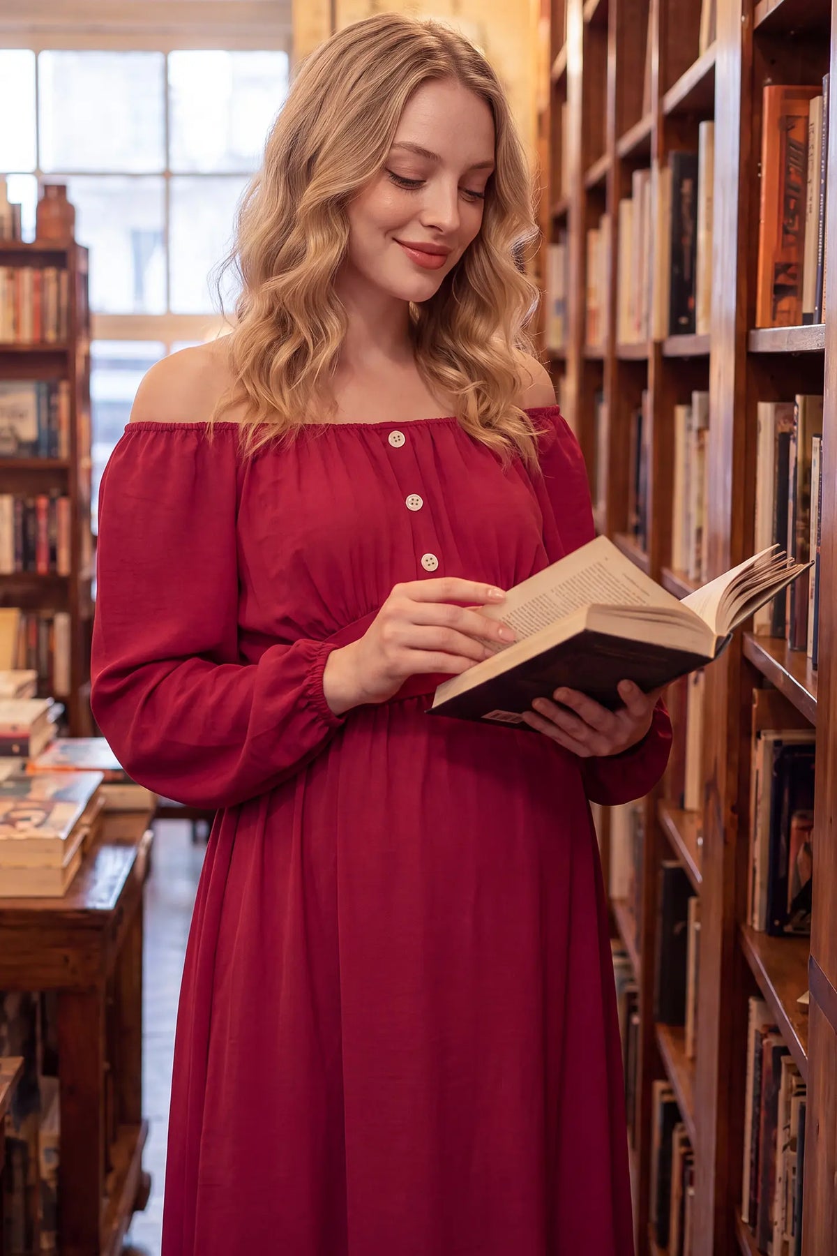 Off Shoulder Lantern Sleeve Smocked Maternity Maxi Dress