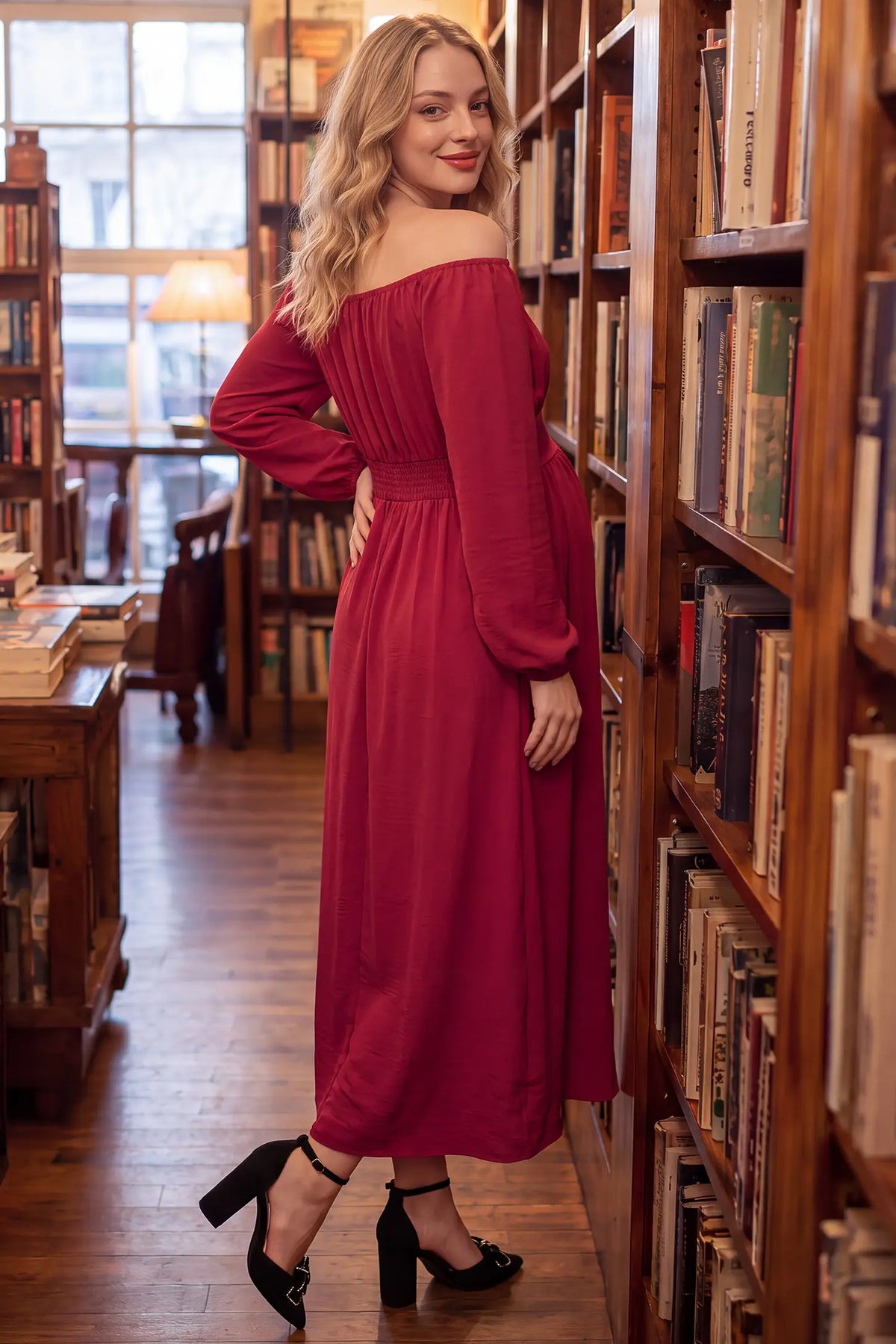 Off Shoulder Lantern Sleeve Smocked Maternity Maxi Dress